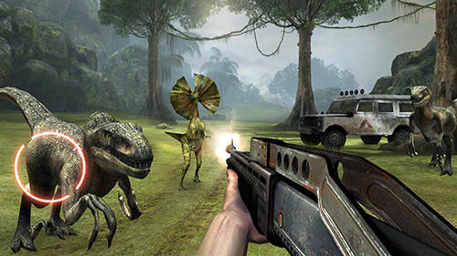Gameplay of the Dino VR shooter: Dinosaur hunter jurassic island for Android phone or tablet.
