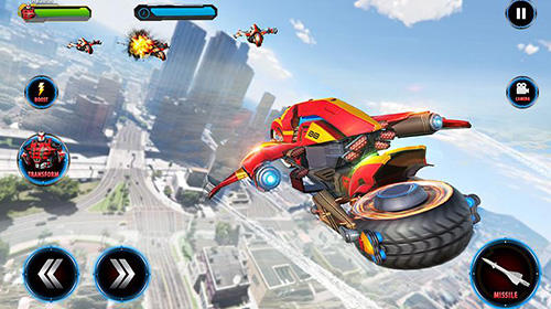Gameplay of the Flying robot bike: Futuristic robot war for Android phone or tablet.