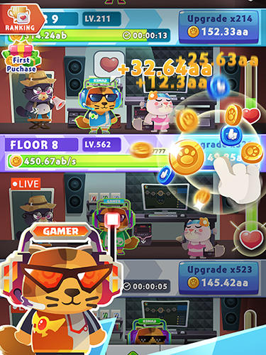 Gameplay of the Idle cat tycoon: Build a live stream empire for Android phone or tablet.