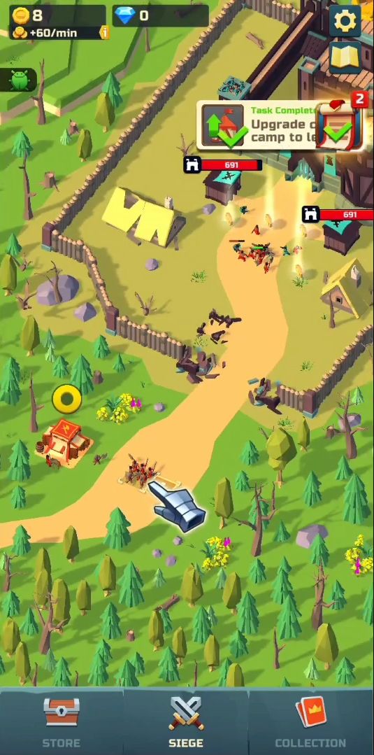 Gameplay of the Idle Siege: War simulator game for Android phone or tablet.