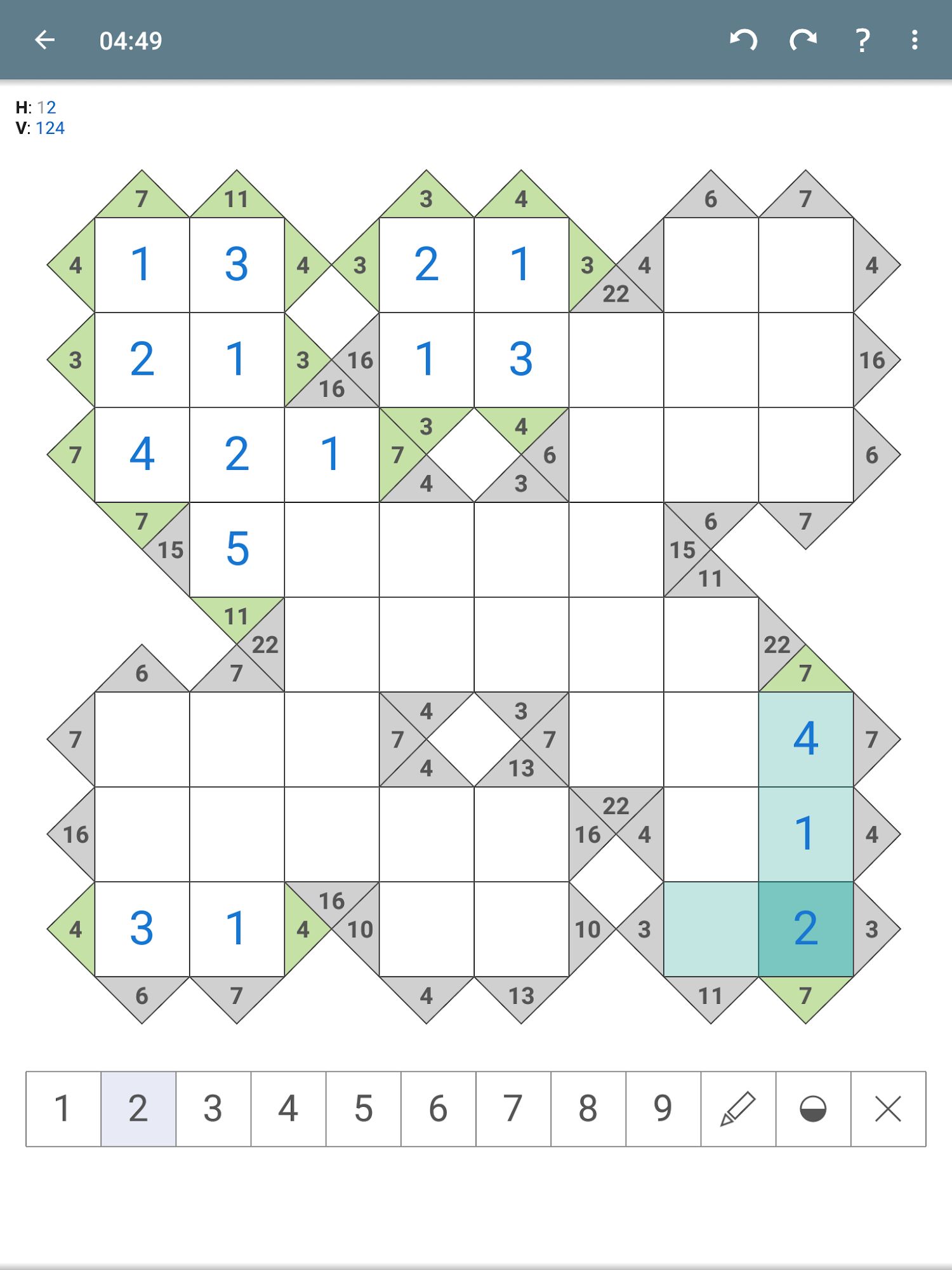 Gameplay of the Kakuro (Cross Sums) - Classic Puzzle Game for Android phone or tablet.