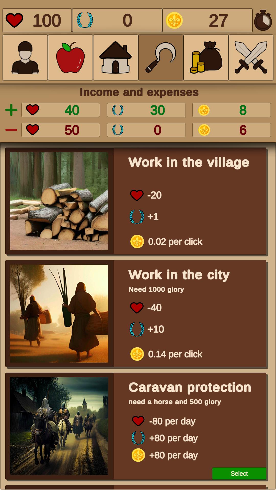 Gameplay of the Medieval simulator for Android phone or tablet.