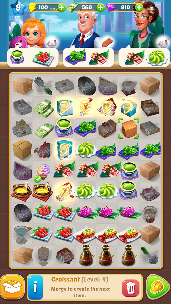 Gameplay of the Merge Cafe - Restaurant decor for Android phone or tablet.