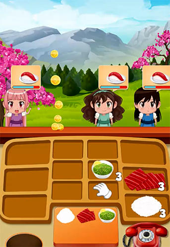 Gameplay of the Sushi restaurant craze: Japanese chef cooking game for Android phone or tablet.