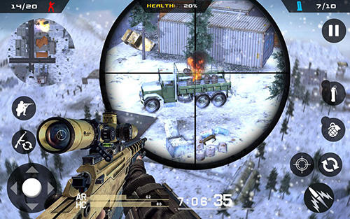Gameplay of the Winter mountain sniper: Modern shooter combat for Android phone or tablet.