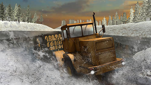 Gameplay of the Winter timber truck simulator for Android phone or tablet.
