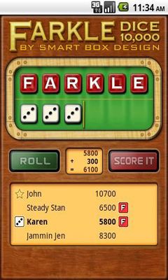 Gameplay of the Farkle Dice for Android phone or tablet.