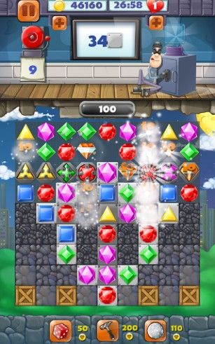Gameplay of the Jewel blast: Thief quest. Diamond blast: Game three in a row for Android phone or tablet.