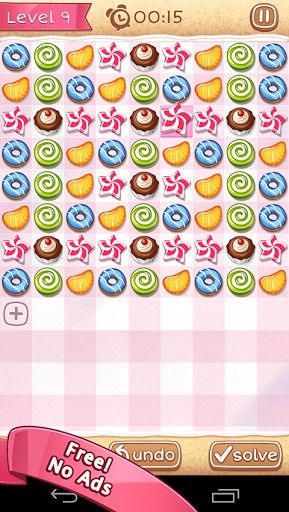 Gameplay of the Match donuts and candies for Android phone or tablet.
