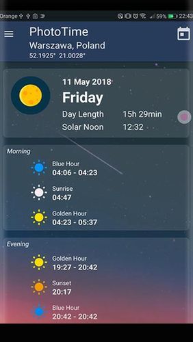 PhotoTime: Golden hour - Blue hour time calculator screenshot.