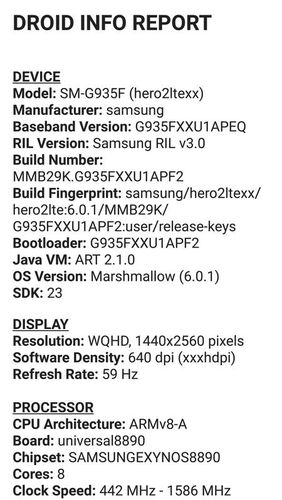 Droid hardware info screenshot.