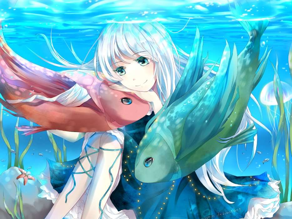 Anime, Girls, Sea, Fishes