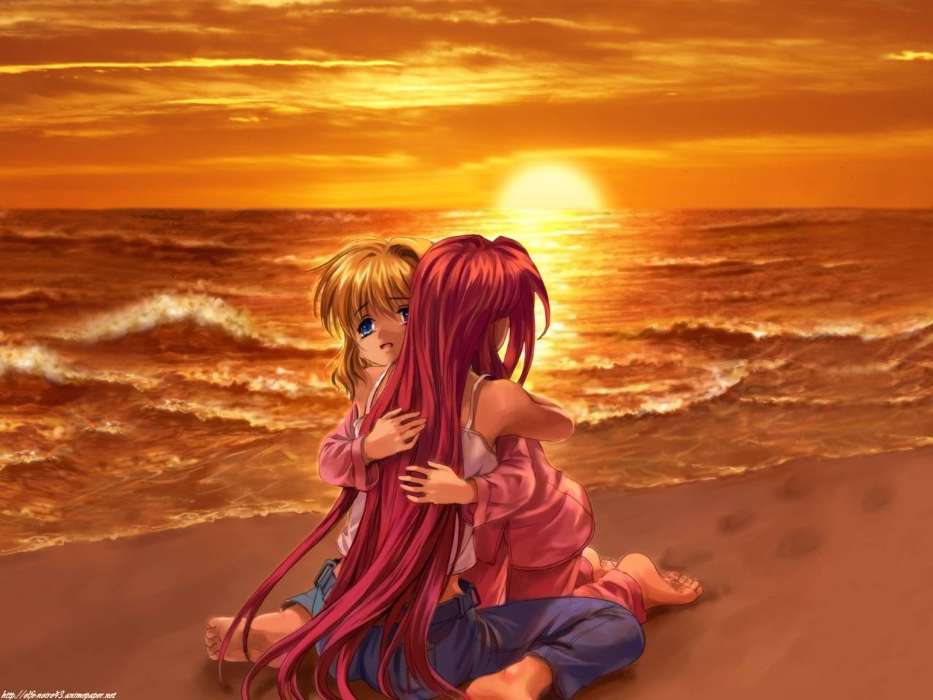 Anime, Girls, Sea, Sunset