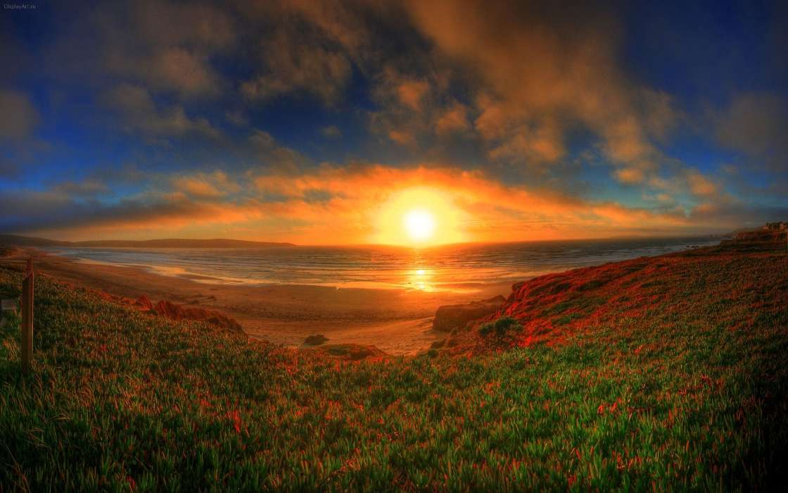 Landscape, Sunset, Grass, Sky, Art, Sun