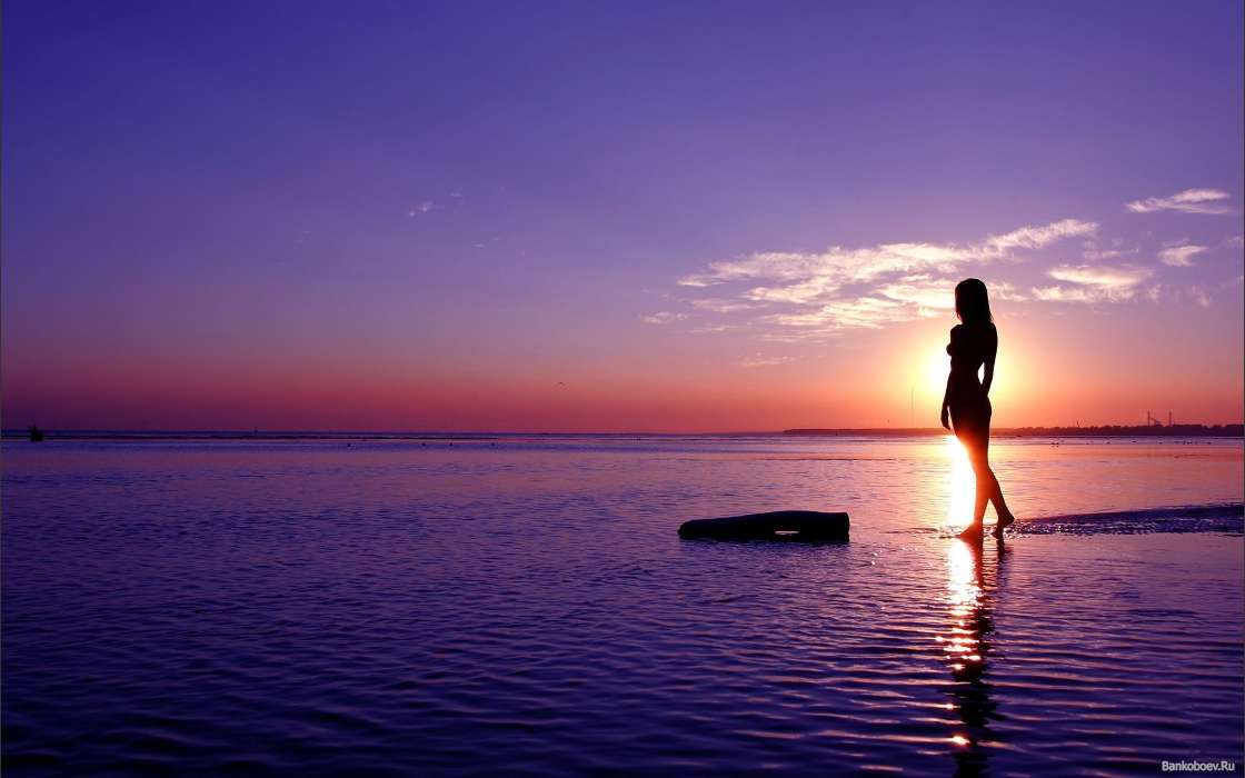 Landscape, Water, Girls, Sunset, Sky, Sea