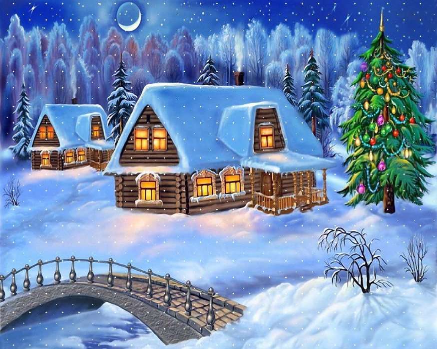 Houses, Fir-trees, New Year, Holidays, Pictures, Christmas, Xmas, Snow, Winter