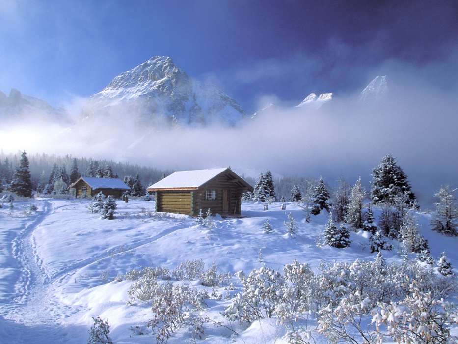 Houses, Mountains, Landscape, Snow, Winter