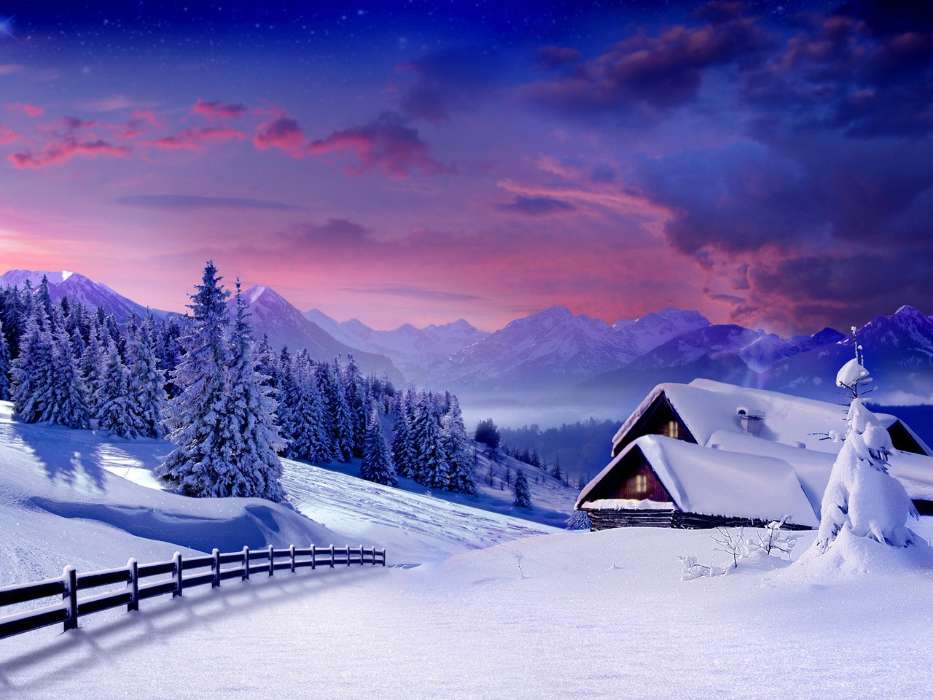 Houses, Mountains, Landscape, Snow, Winter