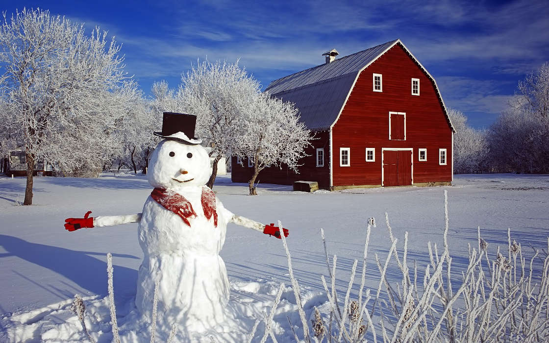 Houses, Snowman, Landscape, Snow, Winter