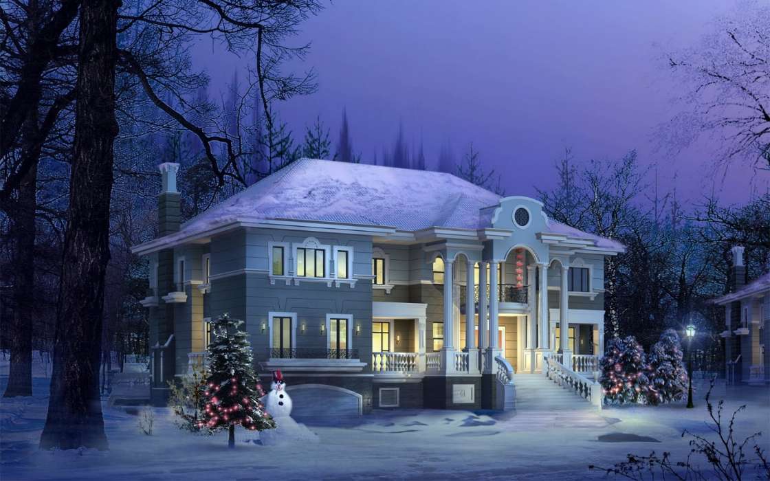 Houses, New Year, Landscape, Holidays, Snow, Winter