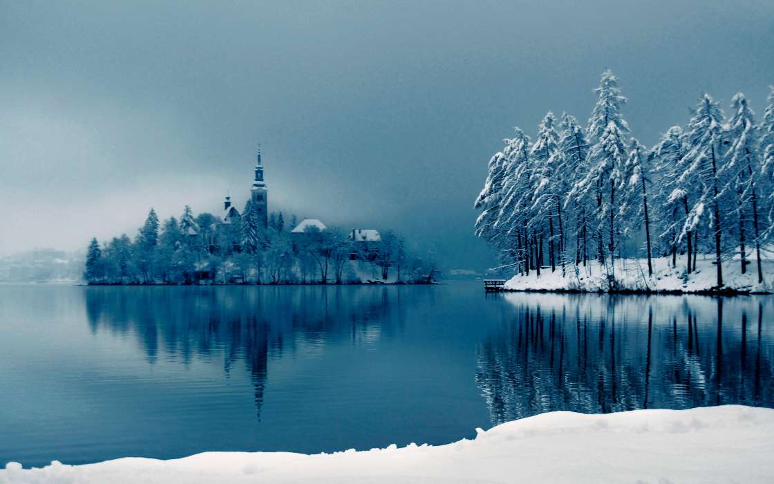 Houses,Lakes,Landscape,Snow