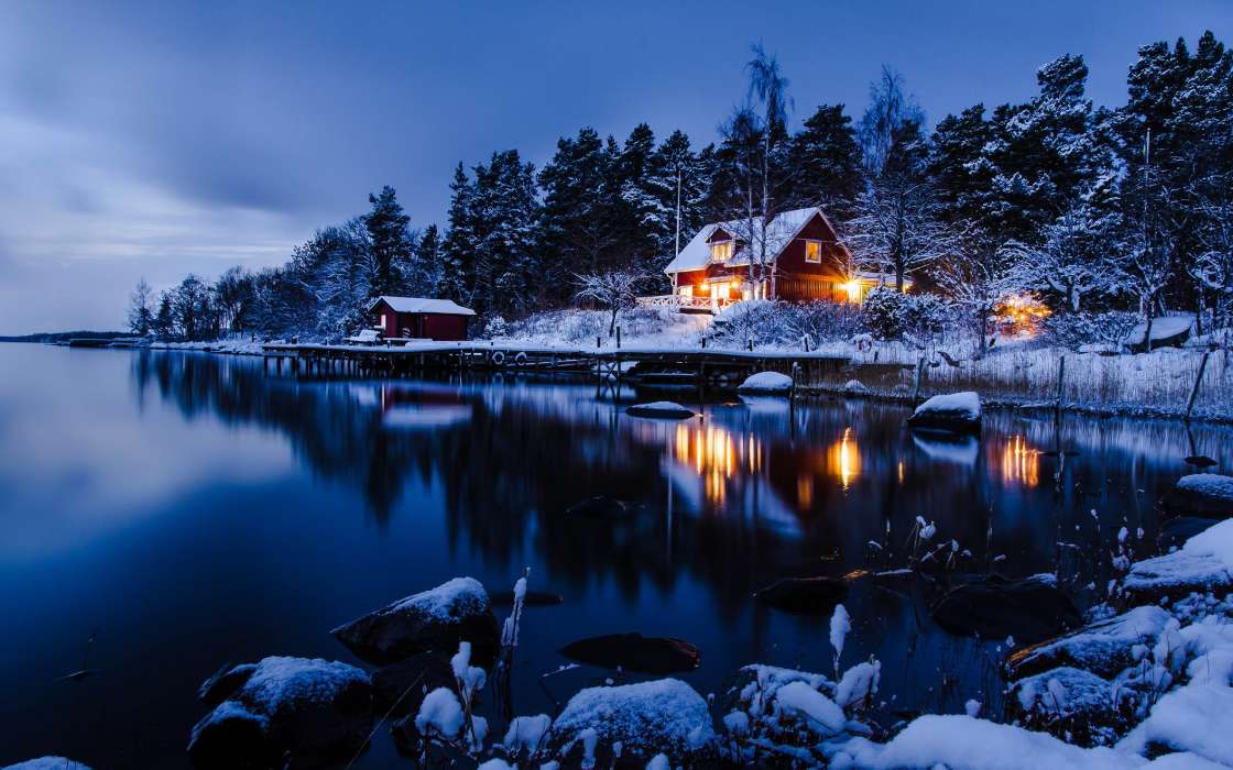 Houses, Lakes, Landscape, Snow, Winter