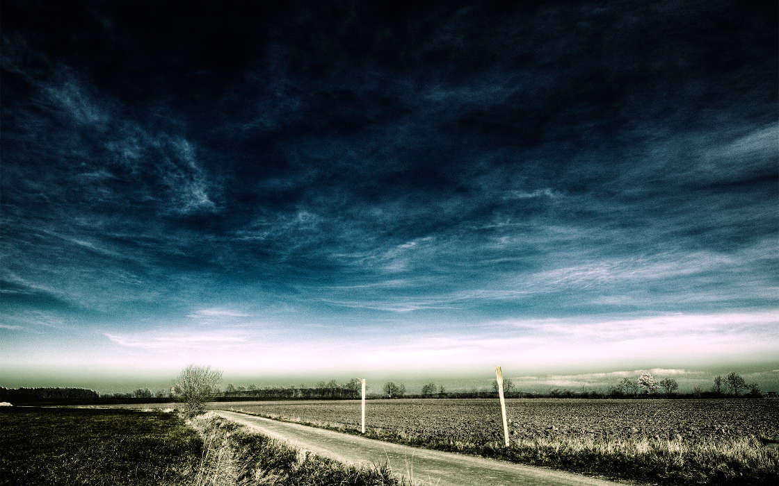 Roads, Sky, Clouds, Landscape, Fields