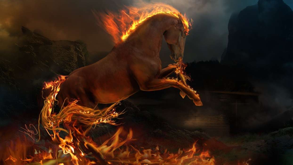 Fantasy, Horses, Fire, Animals