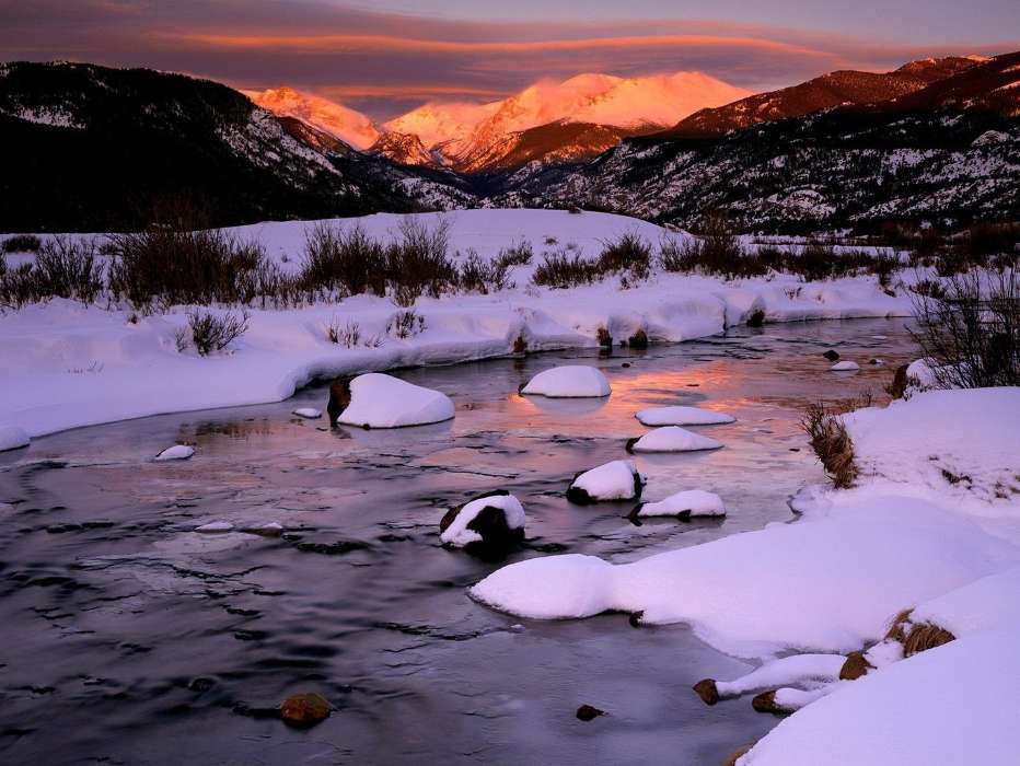 Mountains, Landscape, Rivers, Snow, Sunset, Winter