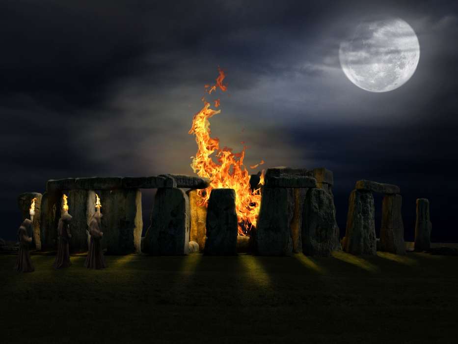 Landscape, Bonfire, Moon, Stonehenge