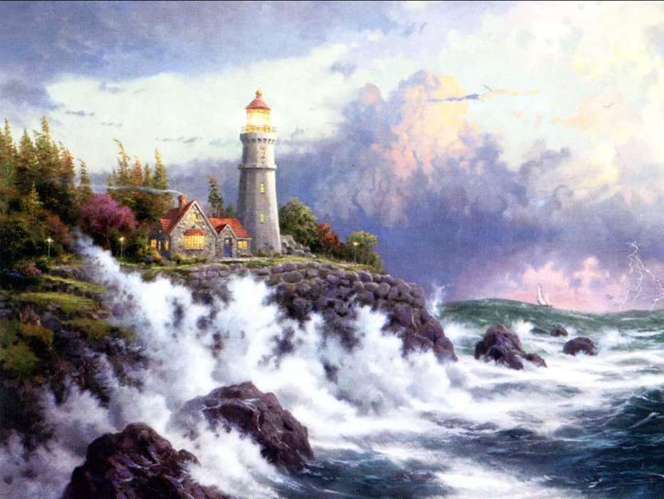 Landscape, Sky, Sea, Drawings, Lighthouses