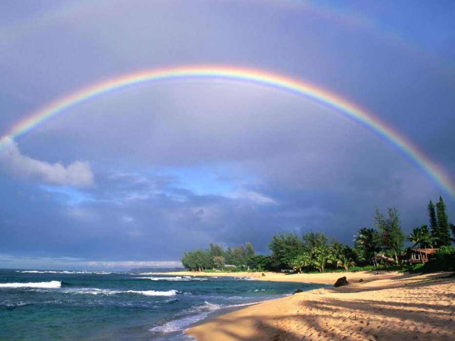 Sea, Landscape, Beach, Rainbow, Waves