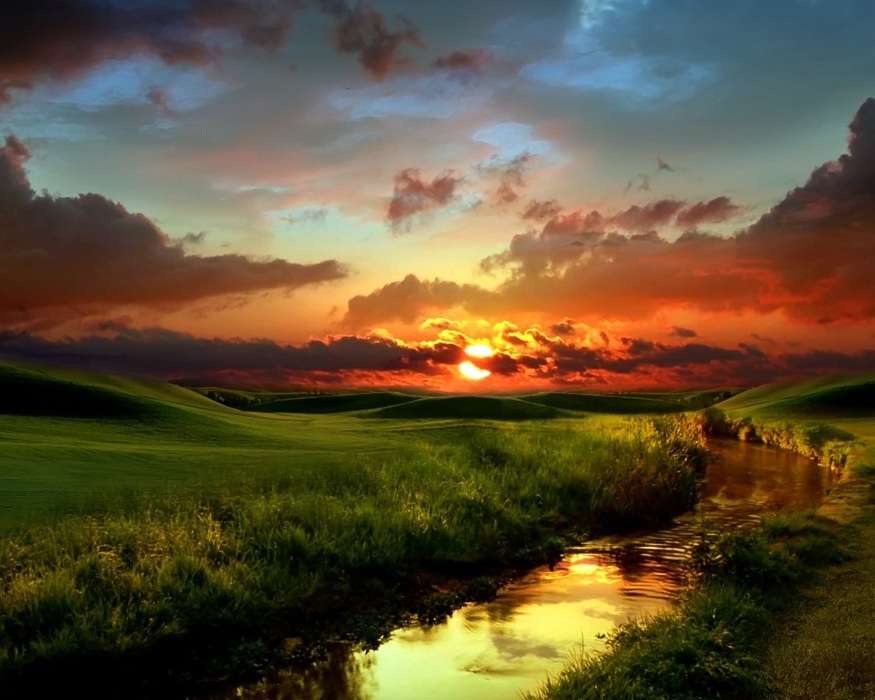 Landscape, Rivers, Sunset, Grass, Sky, Sun