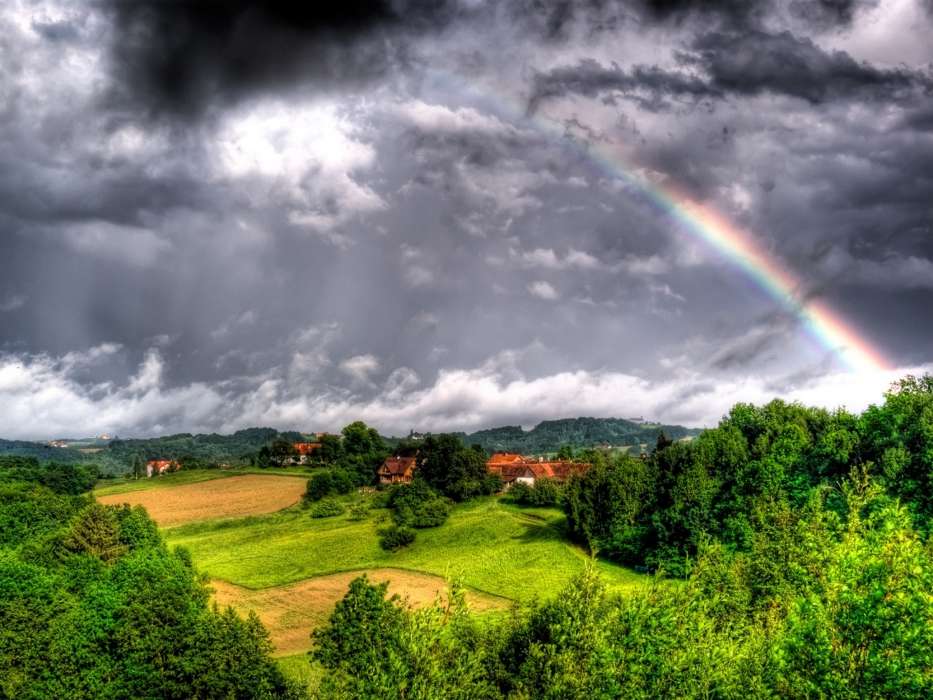 Clouds, Landscape, Rainbow