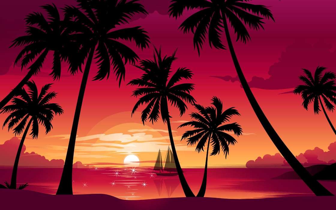 Landscape, Sunset, Palms, Drawings