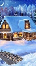 New 1024x600 mobile wallpapers Landscape, Winter, Houses, Bridges, Night, Snow, Drawings free download.