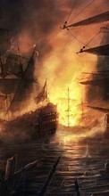 New mobile wallpapers - free download. Water, Fantasy, Art, Ships, Sea, Fire picture and image for mobile phones.