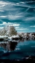 New mobile wallpapers - free download. Trees, Clouds, Landscape, Rivers, Snow picture and image for mobile phones.