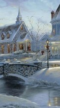 New mobile wallpapers - free download. Houses, Snowman, New Year, Landscape, Holidays, Pictures, Christmas, Xmas, Snow picture and image for mobile phones.