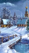 New mobile wallpapers - free download. Houses, Landscape, Rivers, Pictures, Snow, Winter picture and image for mobile phones.