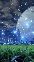 New mobile wallpapers - free download. Fantasy, Cities, Moon, Sky, Night, Landscape, Grass, Stars picture and image for mobile phones.