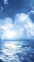 New mobile wallpapers - free download. Lightning, Sea, Clouds, Landscape, Waves picture and image for mobile phones.