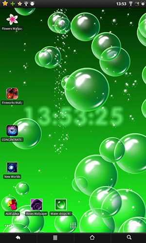 Screenshots of the live wallpaper Bubbles & clock for Android phone or tablet.