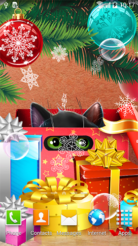 Screenshots of the live wallpaper Christmas cat for Android phone or tablet.