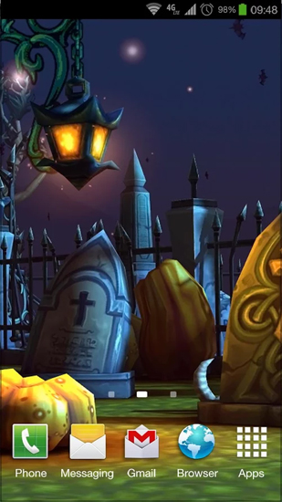 Screenshots of the live wallpaper Halloween Cemetery for Android phone or tablet.