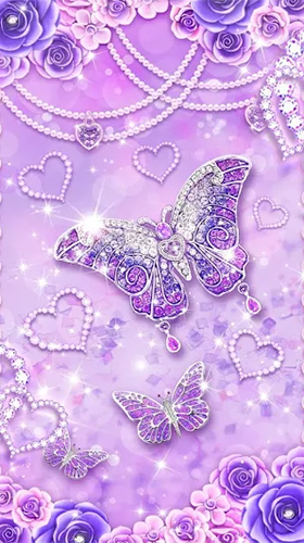 Screenshots of the live wallpaper Purple diamond butterfly for Android phone or tablet.