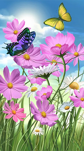 Screenshots of the live wallpaper Summer: flowers and butterflies for Android phone or tablet.