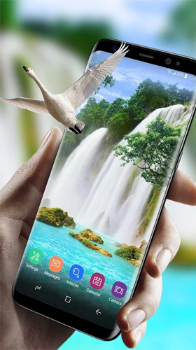 Screenshots of the live wallpaper Waterfall and swan for Android phone or tablet.