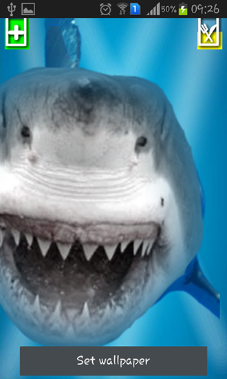 Screenshots of the live wallpaper Angry shark: Cracked screen for Android phone or tablet.