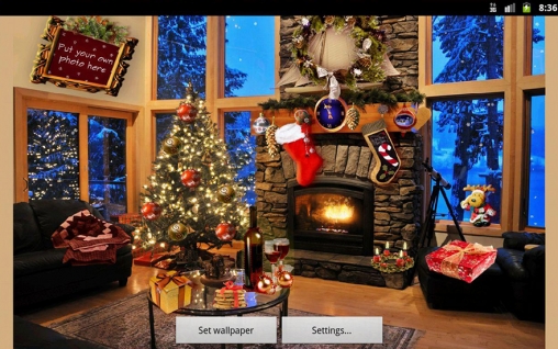Screenshots of the live wallpaper Christmas fireplace for Android phone or tablet.